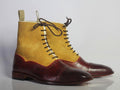 Handmade Men's Ankle High Burgundy Tan Boots, Men Cap Toe Leather Suede Boots - theleathersouq