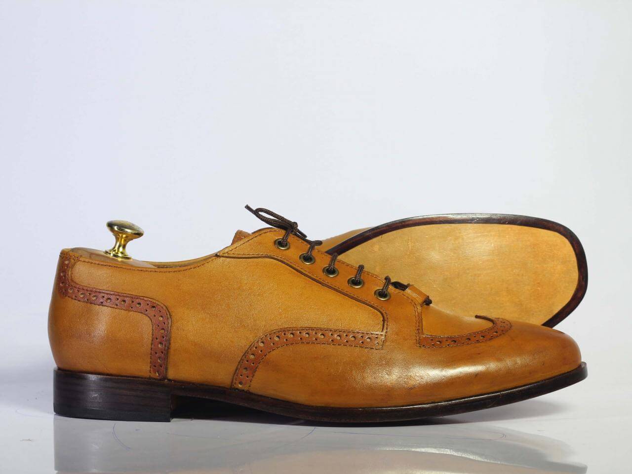 Handmade Men's Tan Leather Lace Up Shoes, Men Wing Tip Dress Fashion Shoes - theleathersouq