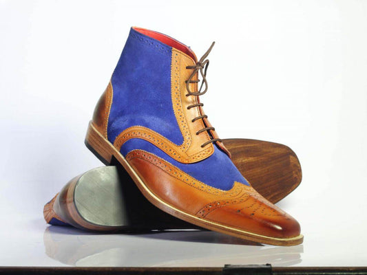 Handmade Men's Ankle high Blue Brown Leather & Suede Boots, Men Designer Boots - theleathersouq