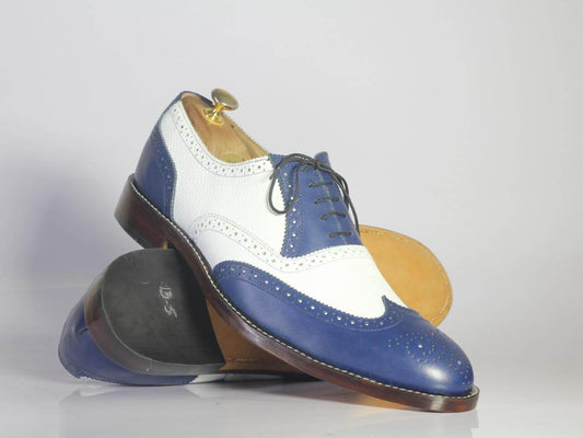 Handmade Men Blue White Wing Tip Brogue Shoes, Men Leather Lace Up Dress Shoes - theleathersouq