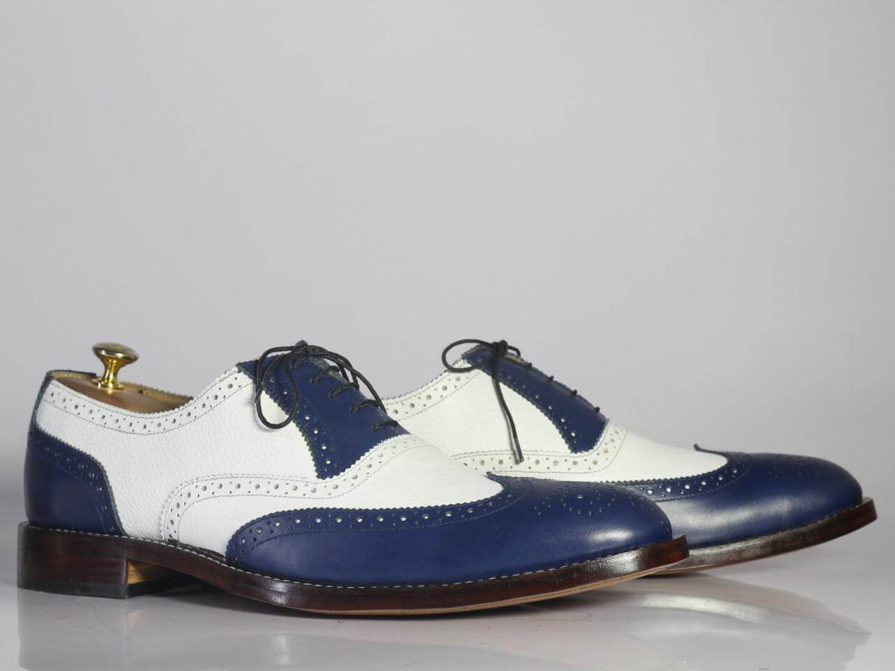 Handmade Men Blue White Wing Tip Brogue Shoes, Men Leather Lace Up Dress Shoes - theleathersouq