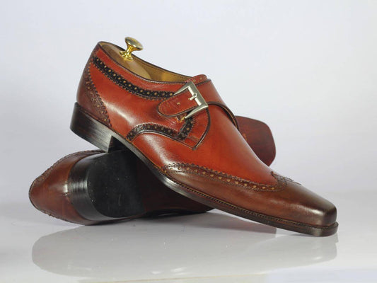 Handmade Men's Brown Leather Shoes, Men Monk Strap Wing Tip Dress Formal Shoes - theleathersouq