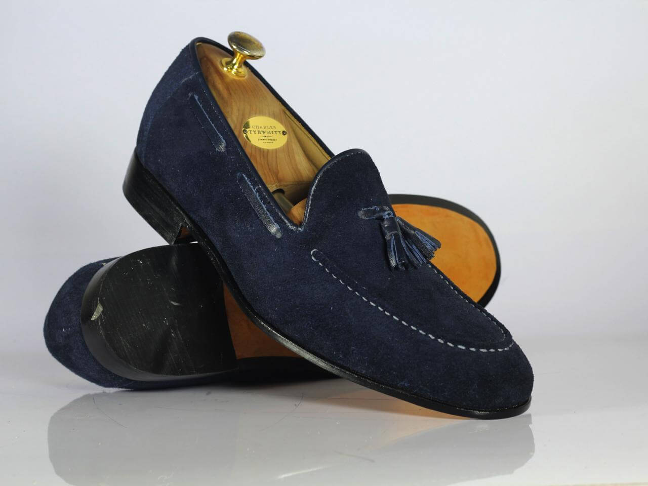 Handmade Men's Suede Tussles Loafer, Men Blue Tassel Moccasin Dress Shoes - theleathersouq