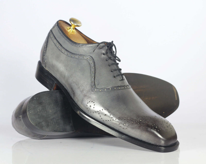 Handmade Men's Gray Leather Wing Tip Brogue Shoe, Men Lace Up Dress Formal Shoes - theleathersouq