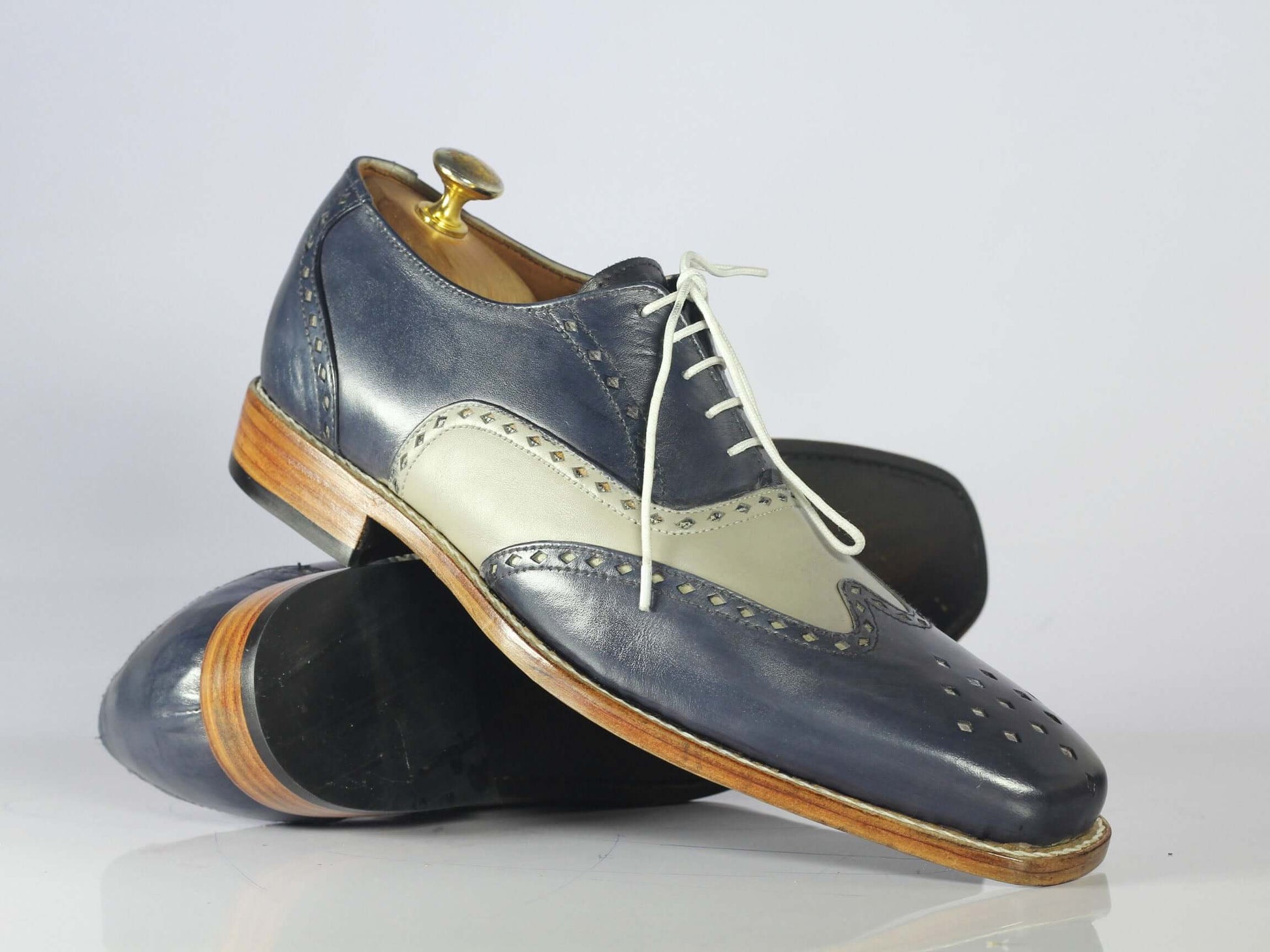 Handmade Men's Gray Blue Wing Tip Brogue Shoes, Men Leather Lace Up Dress Shoes - theleathersouq