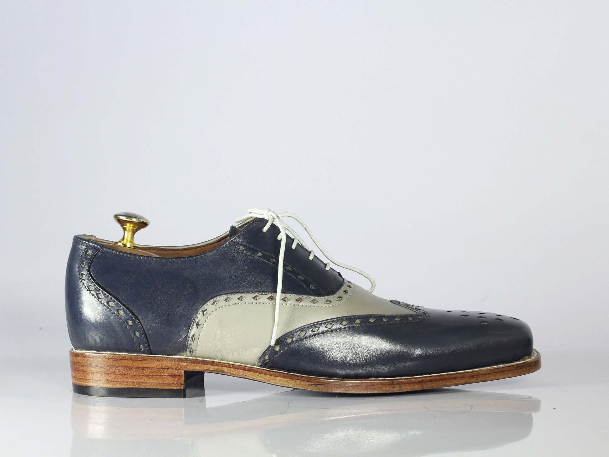 Handmade Men's Gray Blue Wing Tip Brogue Shoes, Men Leather Lace Up Dress Shoes - theleathersouq