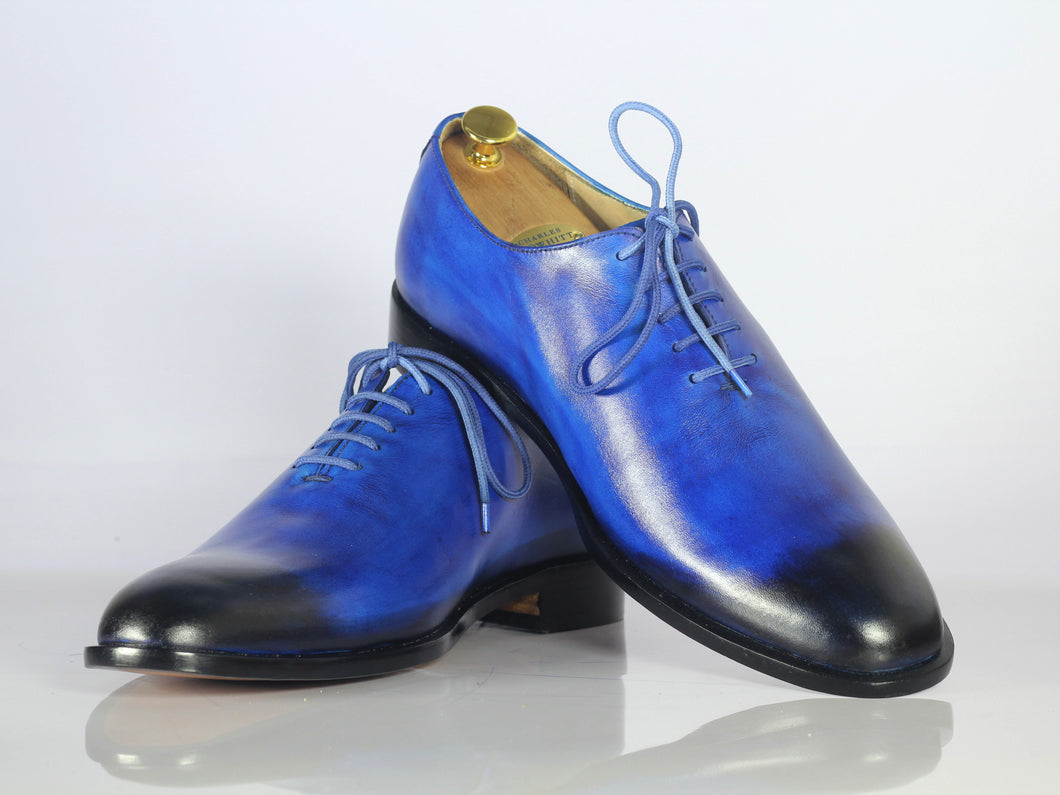 Handmade Men's Blue Leather Side Lace Up Shoes, Men Designer Dress