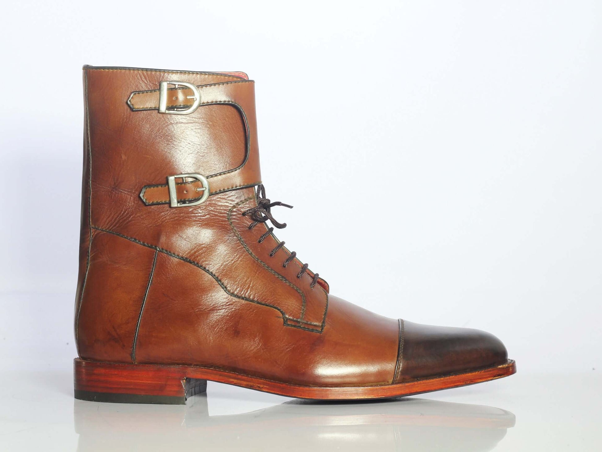 Handmade Men's Brown Ankle Double Monk Boots, Men Lace Up Leather Cap Toe Boots - theleathersouq