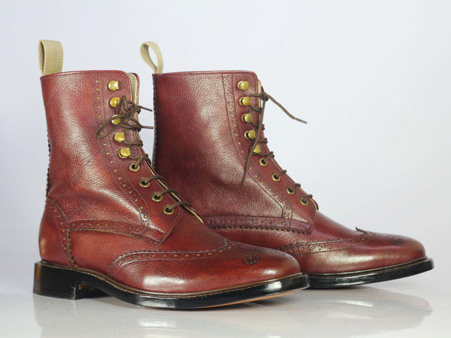 Handmade Men's Burgundy Wing tip Brogue Boots, Men Pebbled Leather Lace Up Boots - theleathersouq