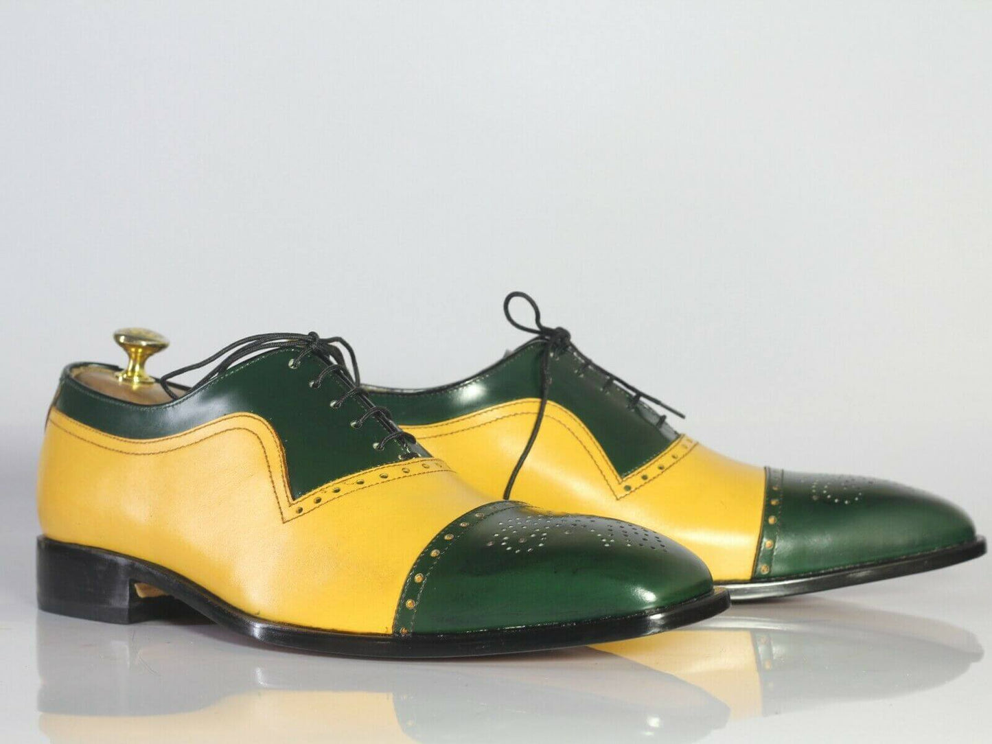 Handmade Men's Leather Lace Up Shoes, Men Yellow Green Cap Toe Dress Formal Shoes - theleathersouq