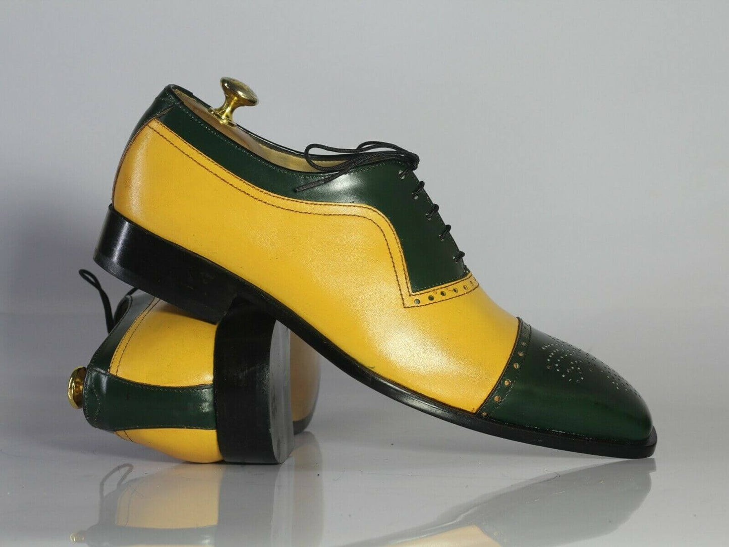 Handmade Men's Leather Lace Up Shoes, Men Yellow Green Cap Toe Dress Formal Shoes - theleathersouq