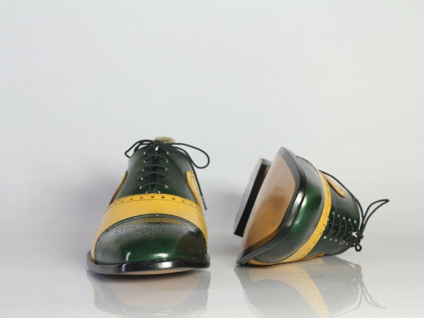 Handmade Men's Leather Lace Up Shoes, Men Yellow Green Cap Toe Dress Formal Shoes - theleathersouq