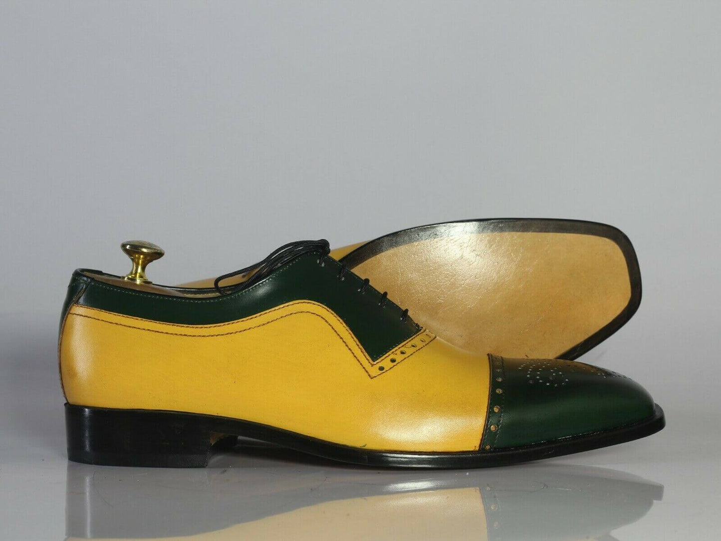 Handmade Men's Leather Lace Up Shoes, Men Yellow Green Cap Toe Dress Formal Shoes - theleathersouq