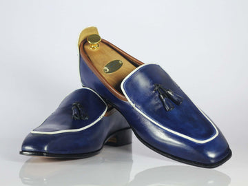 Handmade Men's Blue Leather Loafer Shoes, Men Tussle Stylish Designer