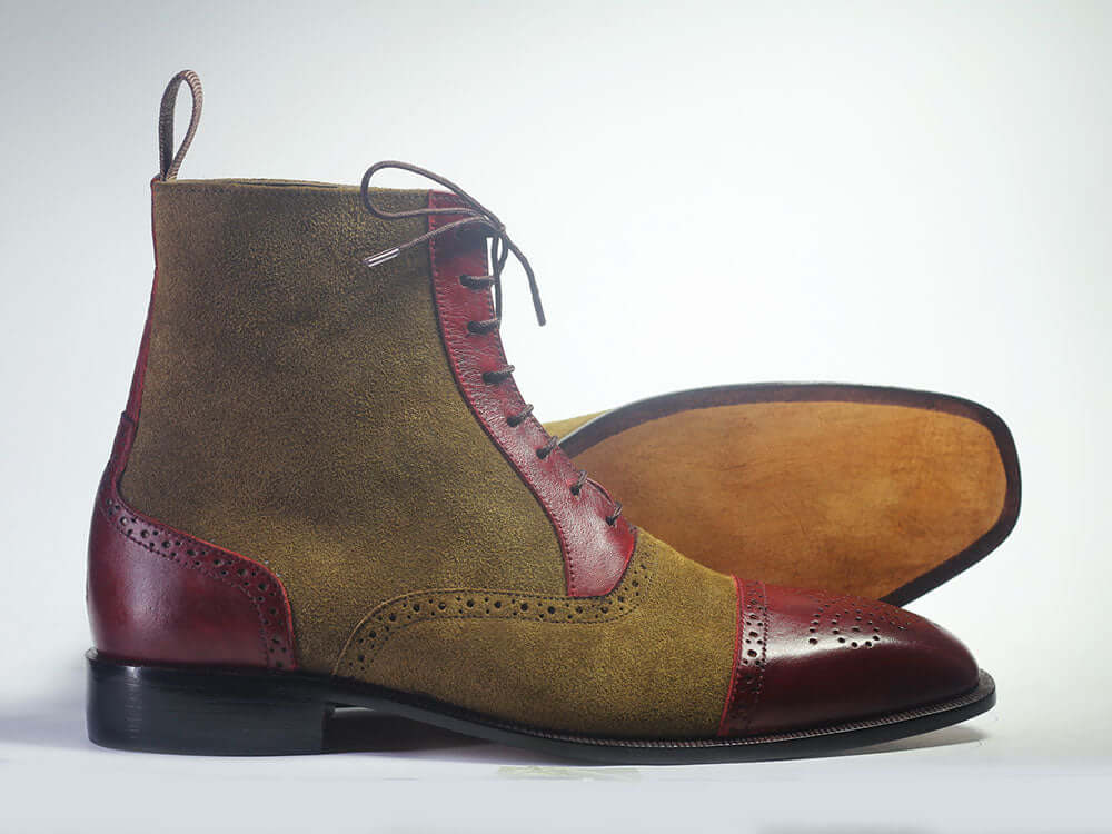 Handmade Men Burgundy & Brown Boots, Men Leather Suede Ankle High Designer Boots - theleathersouq