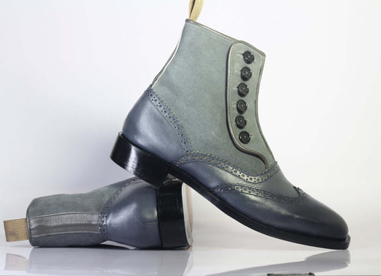 Handmade Gray Leather Suede ankle High Boots, Men Button Top Wing Tip Boots - theleathersouq