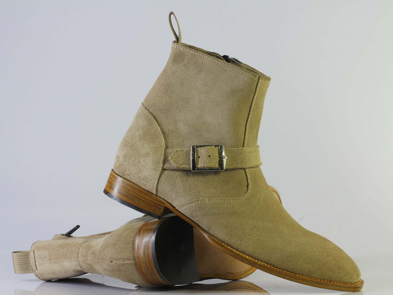 Handmade Men's Suede Beige Jodhpurs Boots, Men Monk Strap & Zipper Designer Boots - theleathersouq