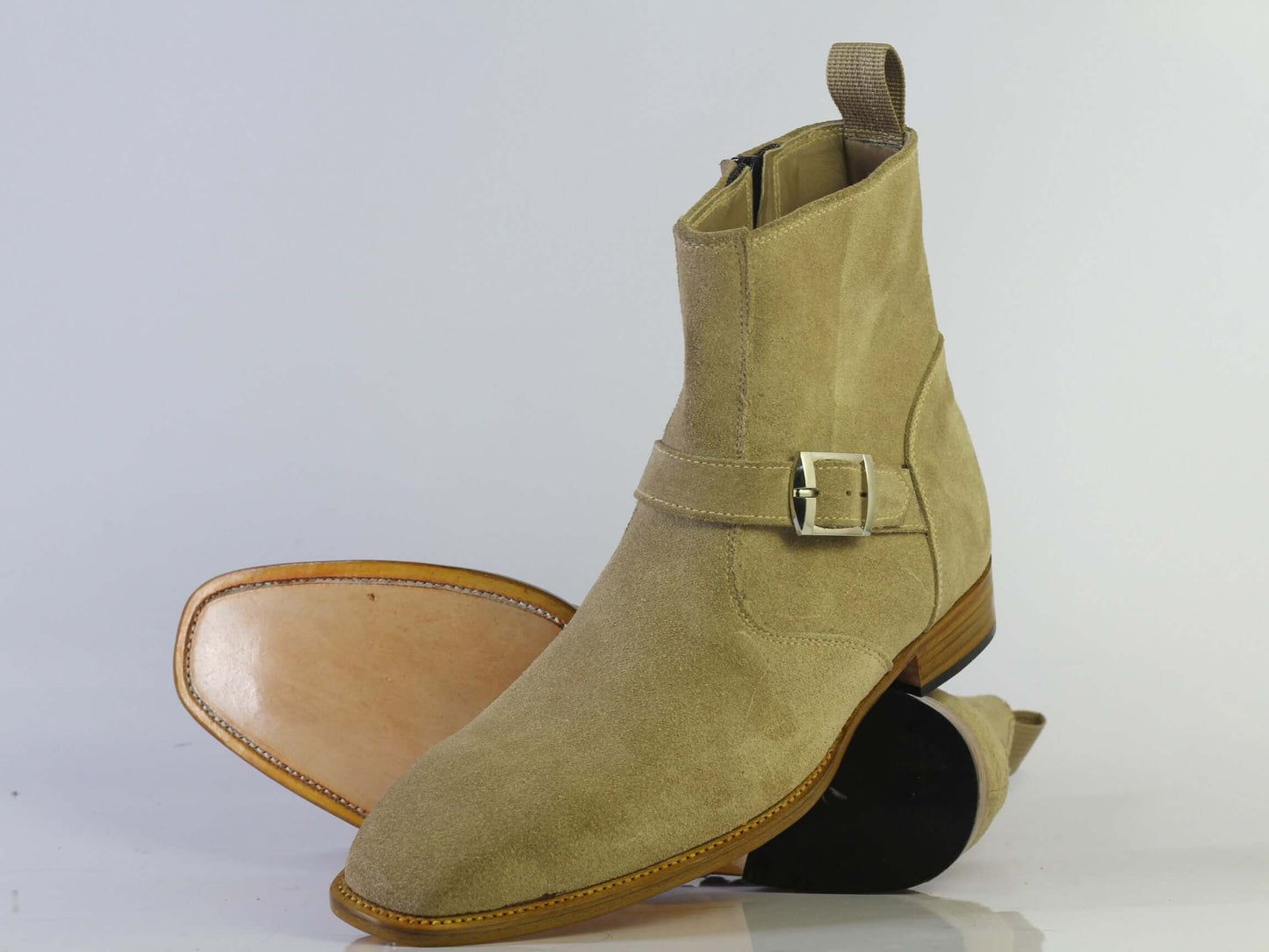 Handmade Men's Suede Beige Jodhpurs Boots, Men Monk Strap & Zipper Designer Boots - theleathersouq