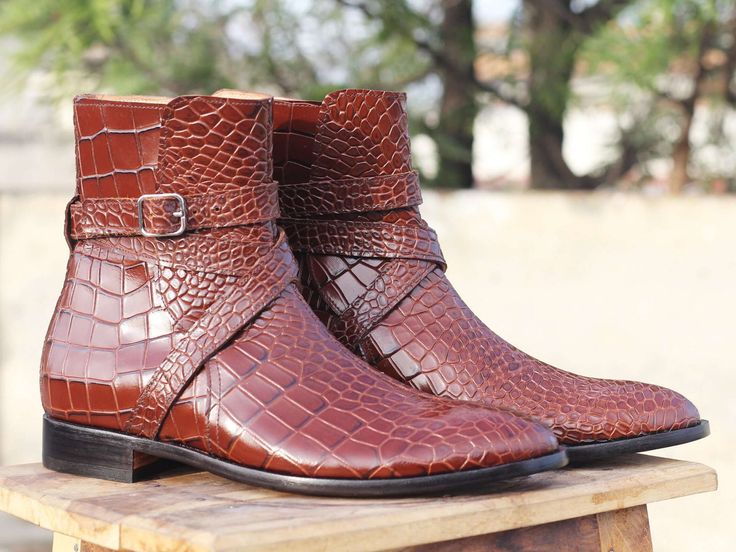 Men's Handmade Brown Jodhpurs alligator texture Boots, Men Designer Dress Boots - theleathersouq