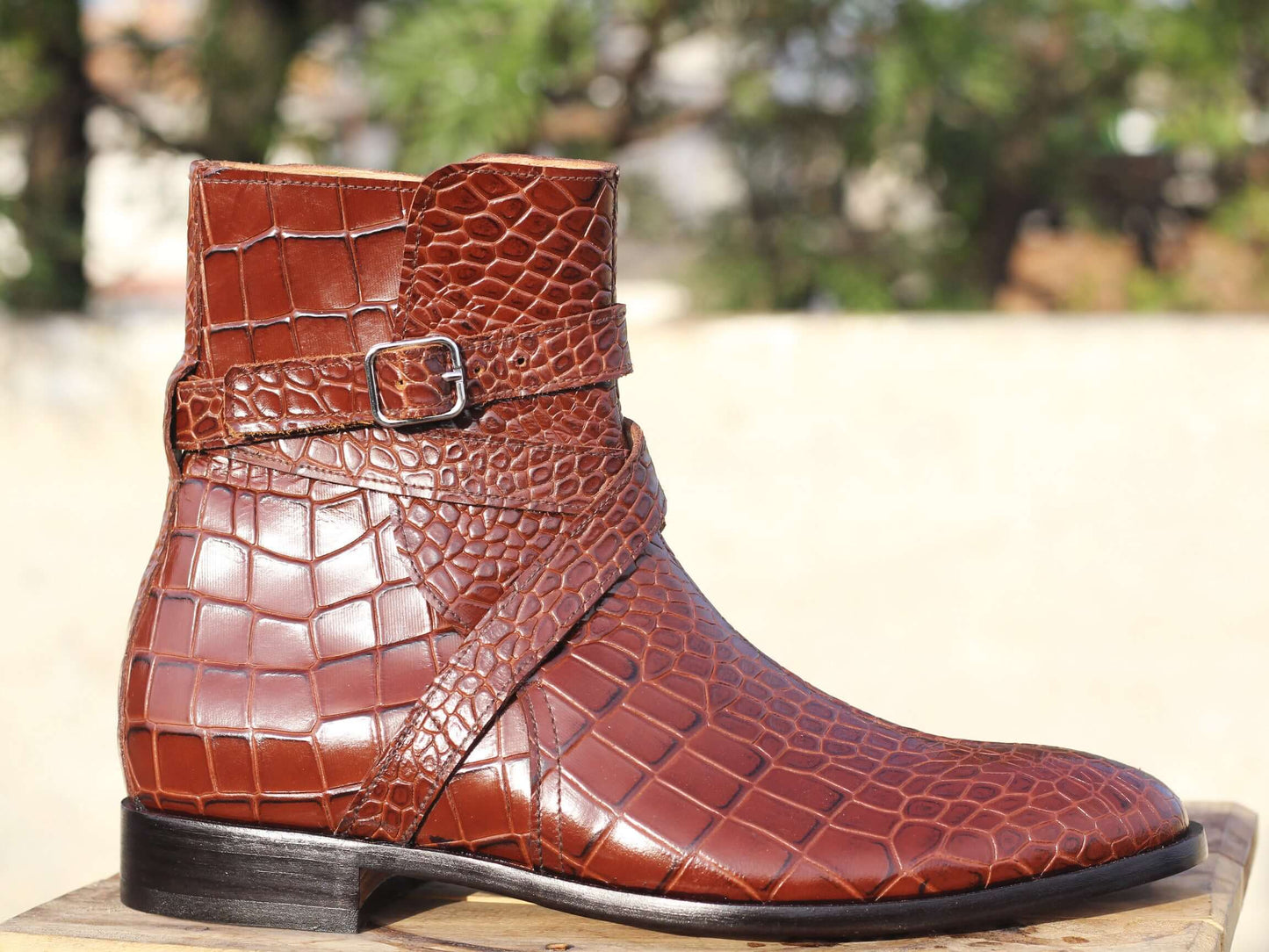 Men's Handmade Brown Jodhpurs alligator texture Boots, Men Designer Dress Boots - theleathersouq