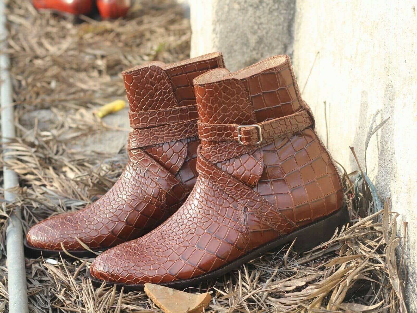 Men's Handmade Brown Jodhpurs alligator texture Boots, Men Designer Dress Boots - theleathersouq