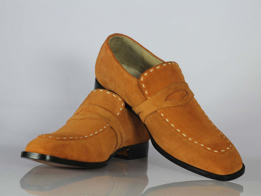 Men's Handmade Men's Tan Suede Moccasin Shoes, Men Penny Loafer Designer Shoes - theleathersouq