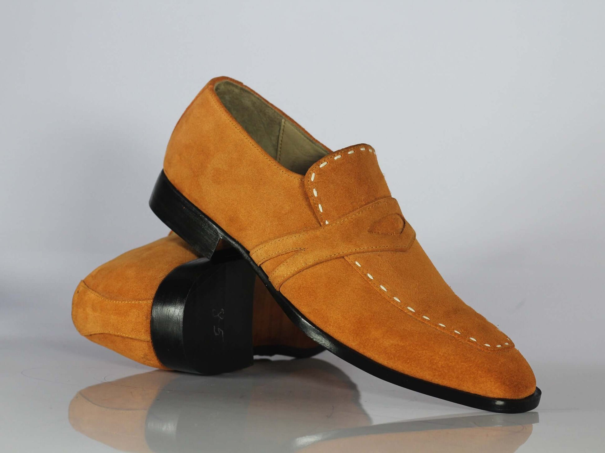 Men's Handmade Men's Tan Suede Moccasin Shoes, Men Penny Loafer Designer Shoes - theleathersouq