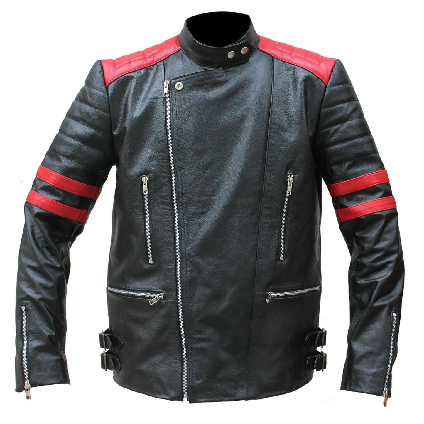 Brando Men's Black & Red Padded Power Shoulders Biker Genuine Leather Jacket - theleathersouq