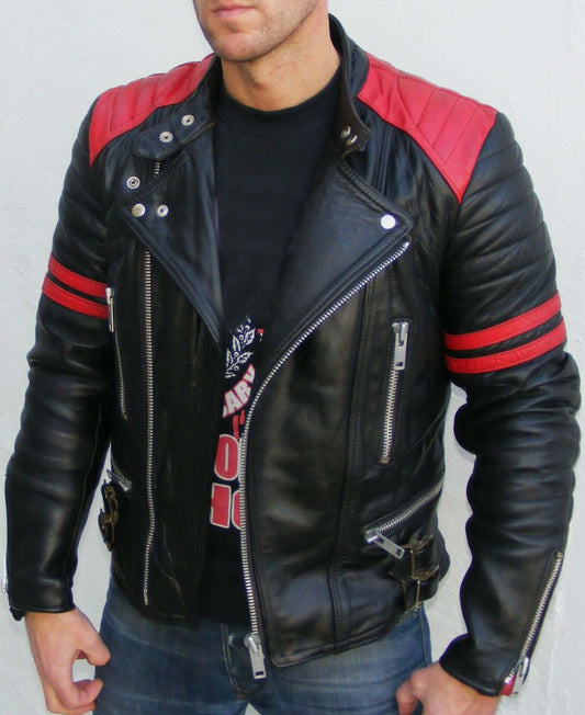 Brando Men's Black & Red Padded Power Shoulders Biker Genuine Leather Jacket - theleathersouq