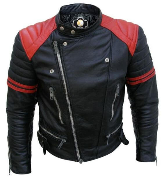 Brando Men's Black & Red Padded Power Shoulders Biker Genuine Leather Jacket - theleathersouq