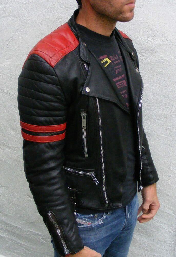 Brando Men's Black & Red Padded Power Shoulders Biker Genuine Leather Jacket - theleathersouq