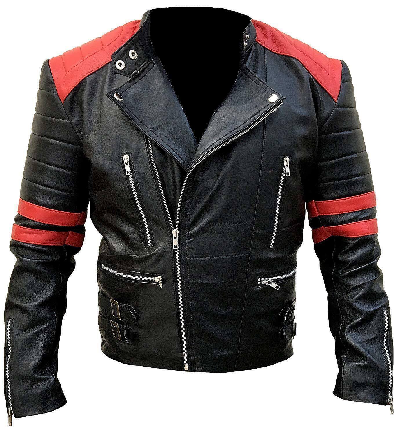 Brando Men's Black & Red Padded Power Shoulders Biker Genuine Leather Jacket - theleathersouq