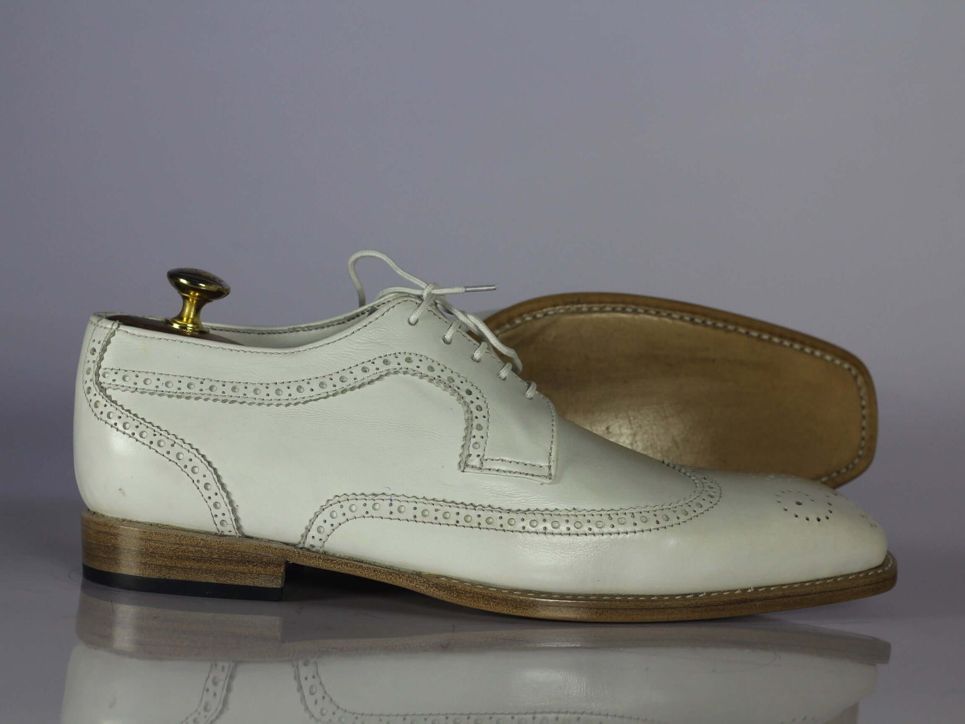 Handmade Men's White Leather Wing Tip Brogue Shoes, Men Designer Fashion Shoes - theleathersouq