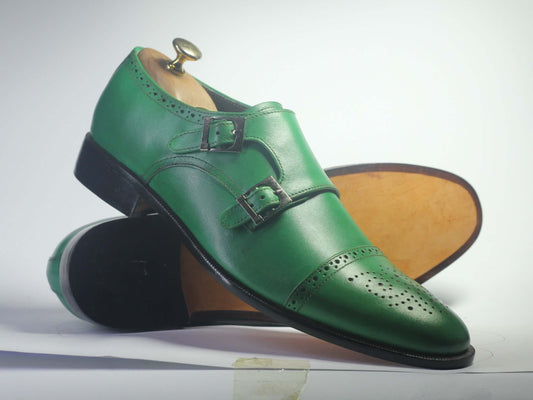 Handmade Men's green Monk Strap Leather Shoes, Men Designer Dress Shoes - theleathersouq