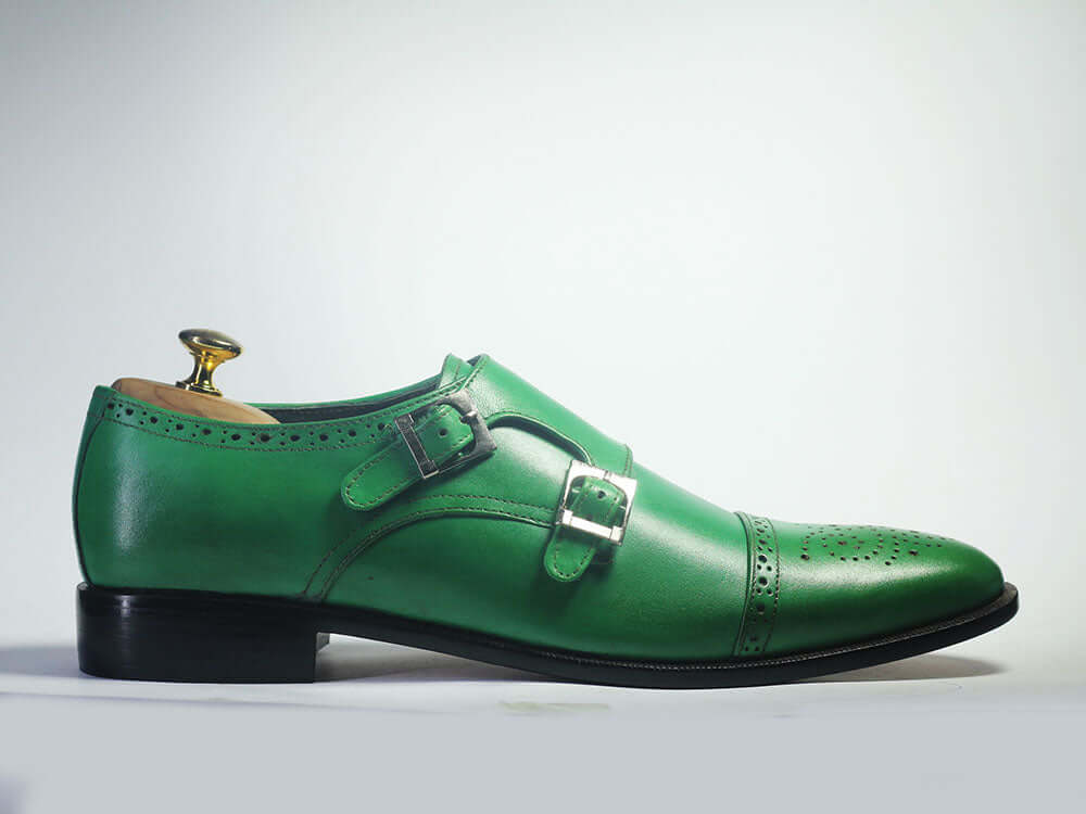 Handmade Men's green Monk Strap Leather Shoes, Men Designer Dress Shoes - theleathersouq