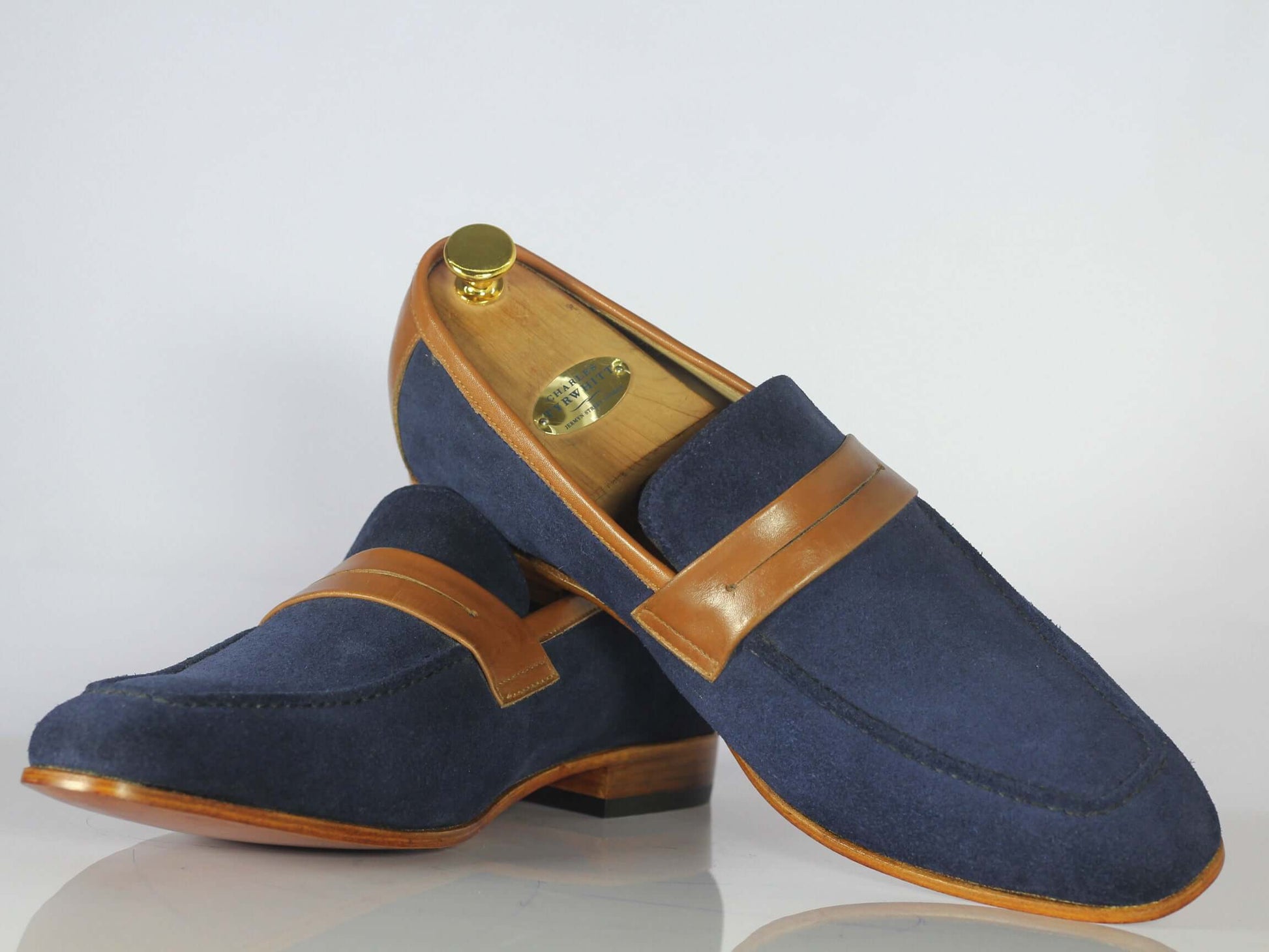 Awesome Handmade Men's Blue Suede Brown Leather Loafer Shoes, Men Designer Shoes - theleathersouq