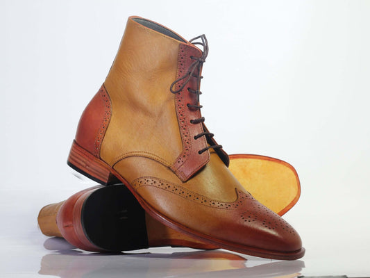 Men's Handmade Tan Brown Leather Wing Tip Brogue Boots, Men Designer Boots - theleathersouq