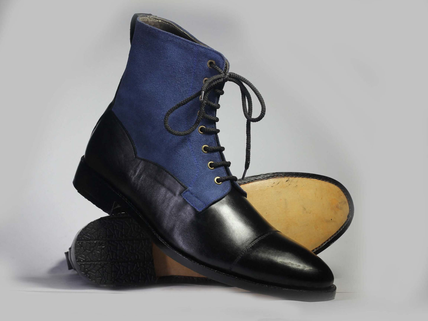 Handmade Black Leather & Blue Suede ankle High Boots, Men Designer Boots - theleathersouq