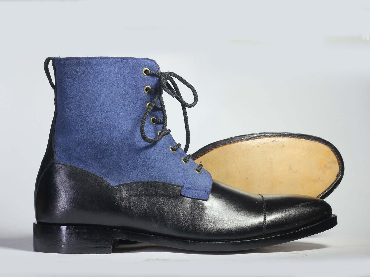 Handmade Black Leather & Blue Suede ankle High Boots, Men Designer Boots - theleathersouq