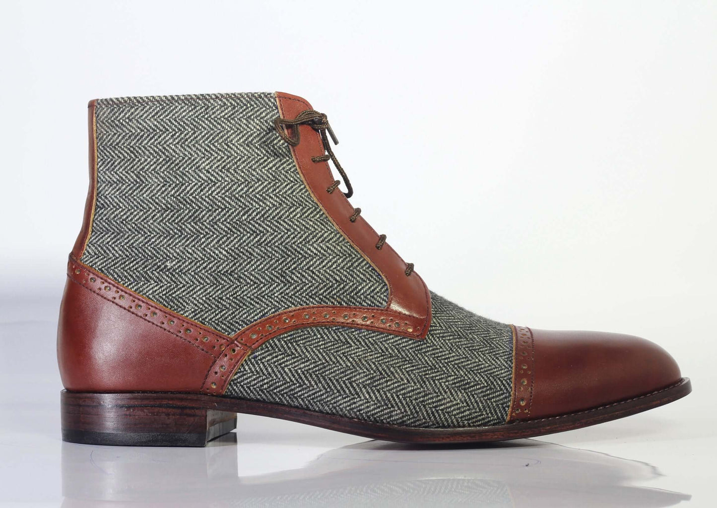 Handmade Leather Brown Gray Tweed Ankle High Lace Up Boots, Men Designer Boots - theleathersouq