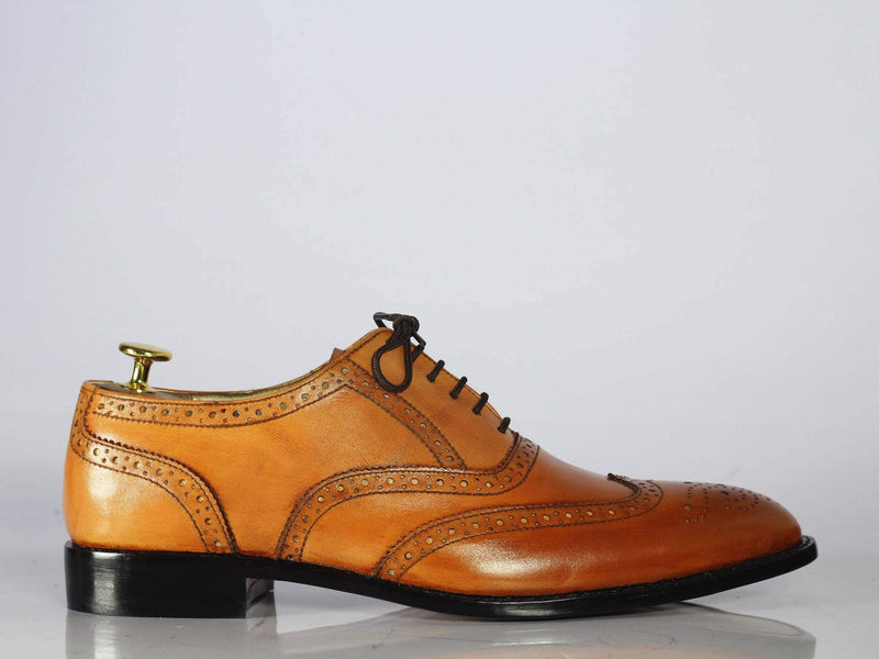 Handmade Men's Tan Leather Wing Tip Brogue Shoes, Men Designer Fashion Shoes - theleathersouq