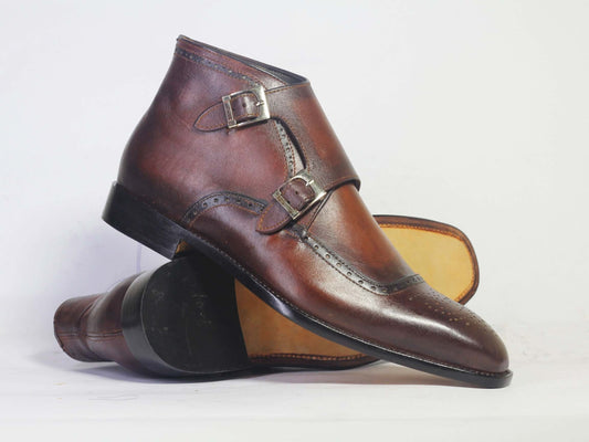 Handmade Leather Brown Double Monk strap Boots, Men Half Ankle Cap Toe Boots - theleathersouq