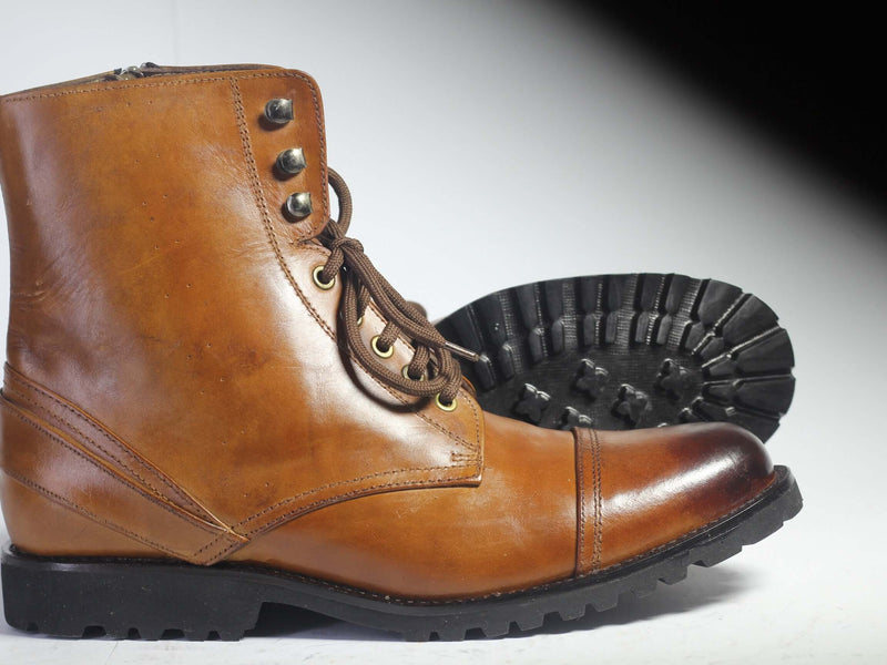 Handmade Brown Cap Toe Leather Lace Up Boots, Men Ankle High Designer Boots - theleathersouq