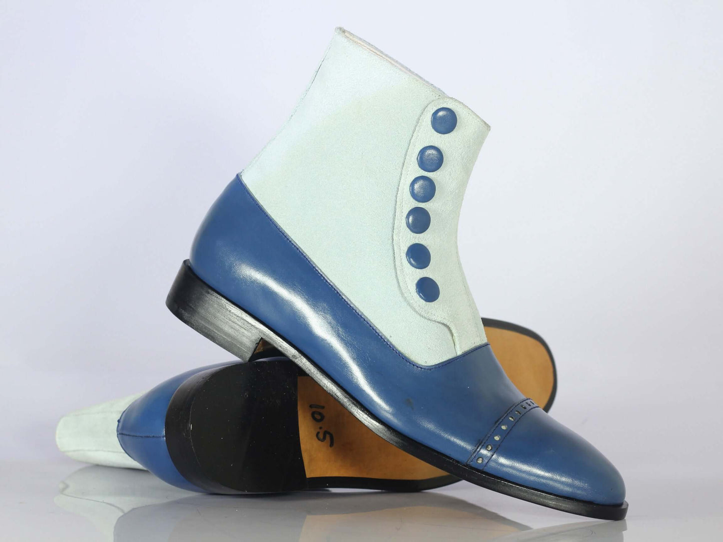 Handmade Ankle High White Blue Cap Toe Boots, Men Leather Suede Button Top Boots - theleathersouq