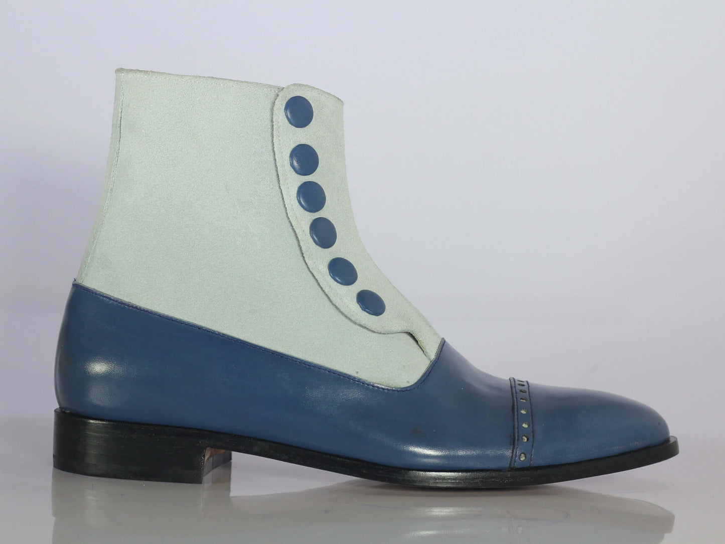 Handmade Ankle High White Blue Cap Toe Boots, Men Leather Suede Button Top Boots - theleathersouq