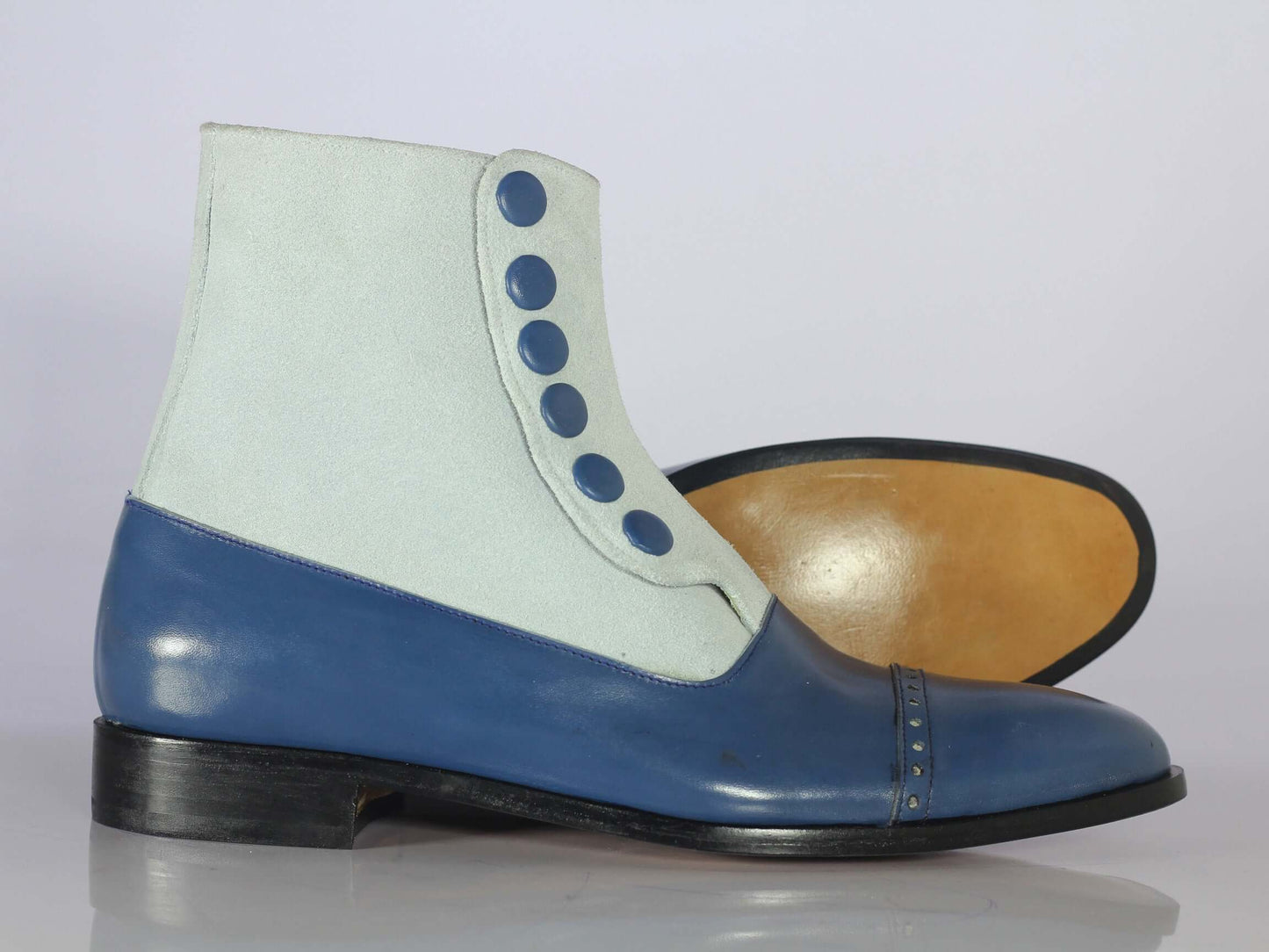 Handmade Ankle High White Blue Cap Toe Boots, Men Leather Suede Button Top Boots - theleathersouq