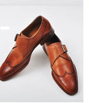 Handmade Men's Tan Leather Monk Strap Dress Shoes, Men Wing Tip Brogue Shoes - theleathersouq