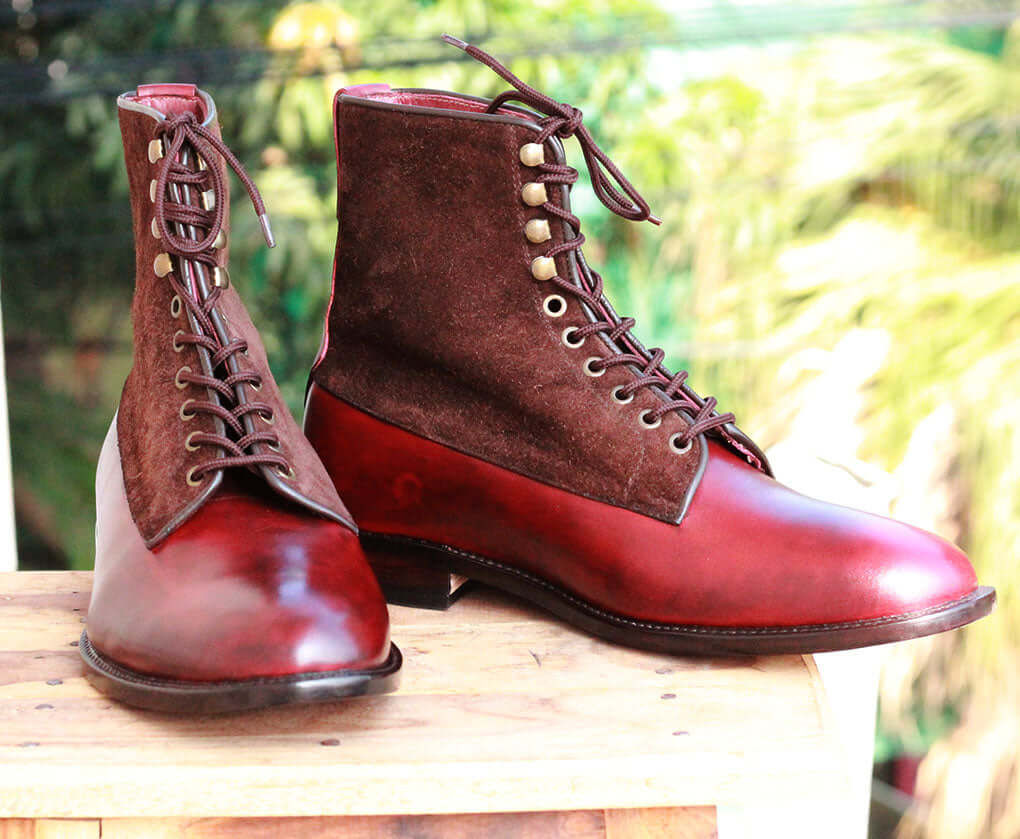 Handmade Men Burgundy Leather Brown Suede Ankle Boots, Men Designer Dress Formal Boots - theleathersouq