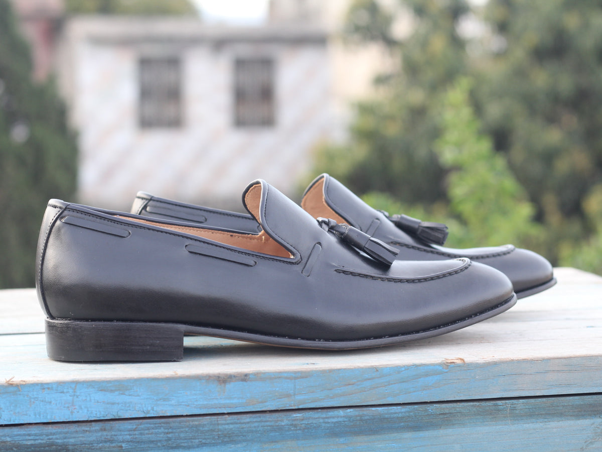 Handmade Men's Black Tussle Leather Loafer Shoes, Men Dress Formal Des ...