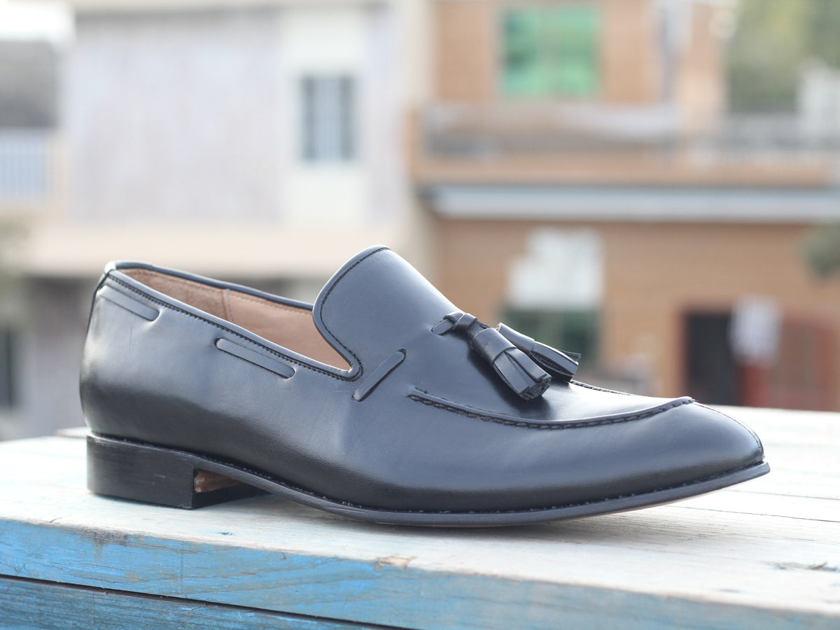 Handmade Men's Black Tussle Leather Loafer Shoes, Men Dress Formal Des ...